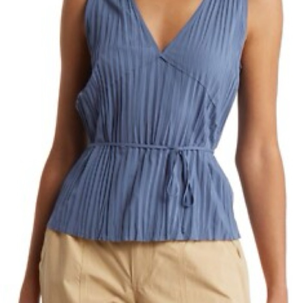 Vince Blue Pleated Blouse with V-Neck and Tie